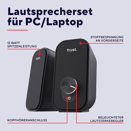 Trust Orada PC Lautsprecher USB 2.0, 12W (6W RMS), Kompaktes Lautsprecherset, Speaker Set mit Kopfhöreranschluss, AUX Klinke 3.5mm, PC Boxen Computer Laptop Mac, Schwarz
