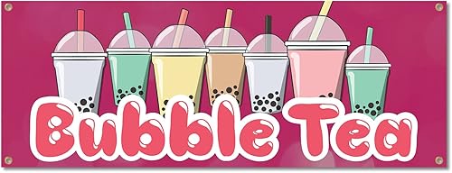 Bubble Tea  Cartel de 18 x 48 pulgadas  Letrero de vinilo para exteriores con ojales  Exhibiciones publicitarias de camiones de leche Boba 