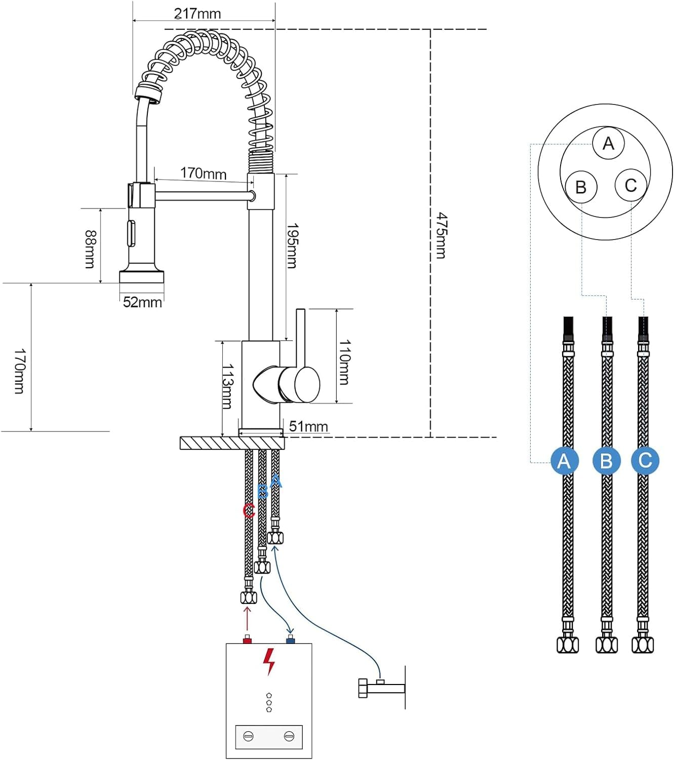 Niederdruck Armatur Küche Schwarz Wasserhahn Küche, 3 Wege Wasserhahn mit Ausziehbar Brause, 360° Drehbar mit 2 Sprühfunktionen, Mischbatterie Küche Edelstahl
