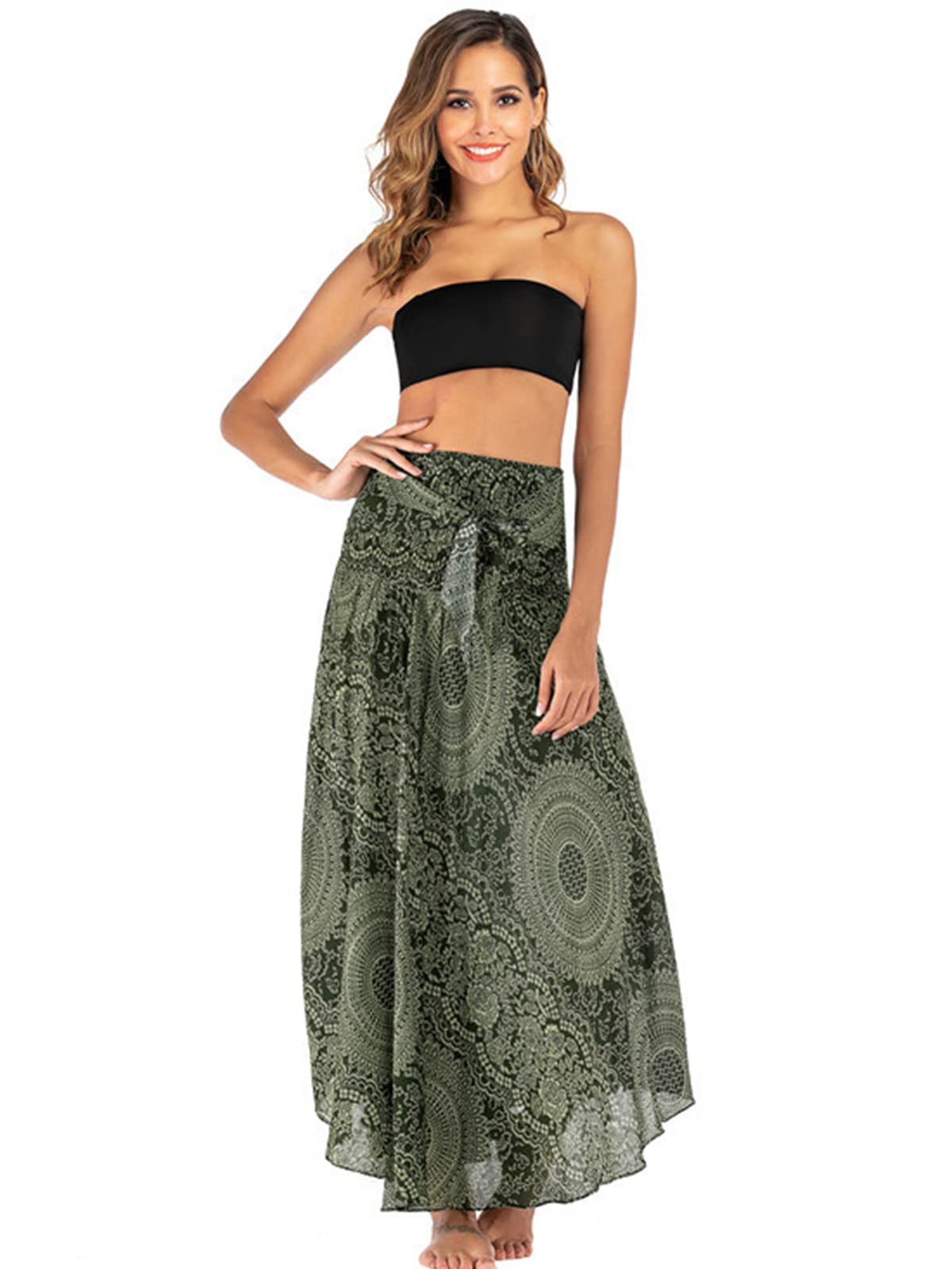 Adigaber Lang Gedruckter Rock Damen Chiffon Bohemien Einheitsgröße Maxirock Verstellbares Riemen Kleid Urlaub Sommerrock Strandkleider