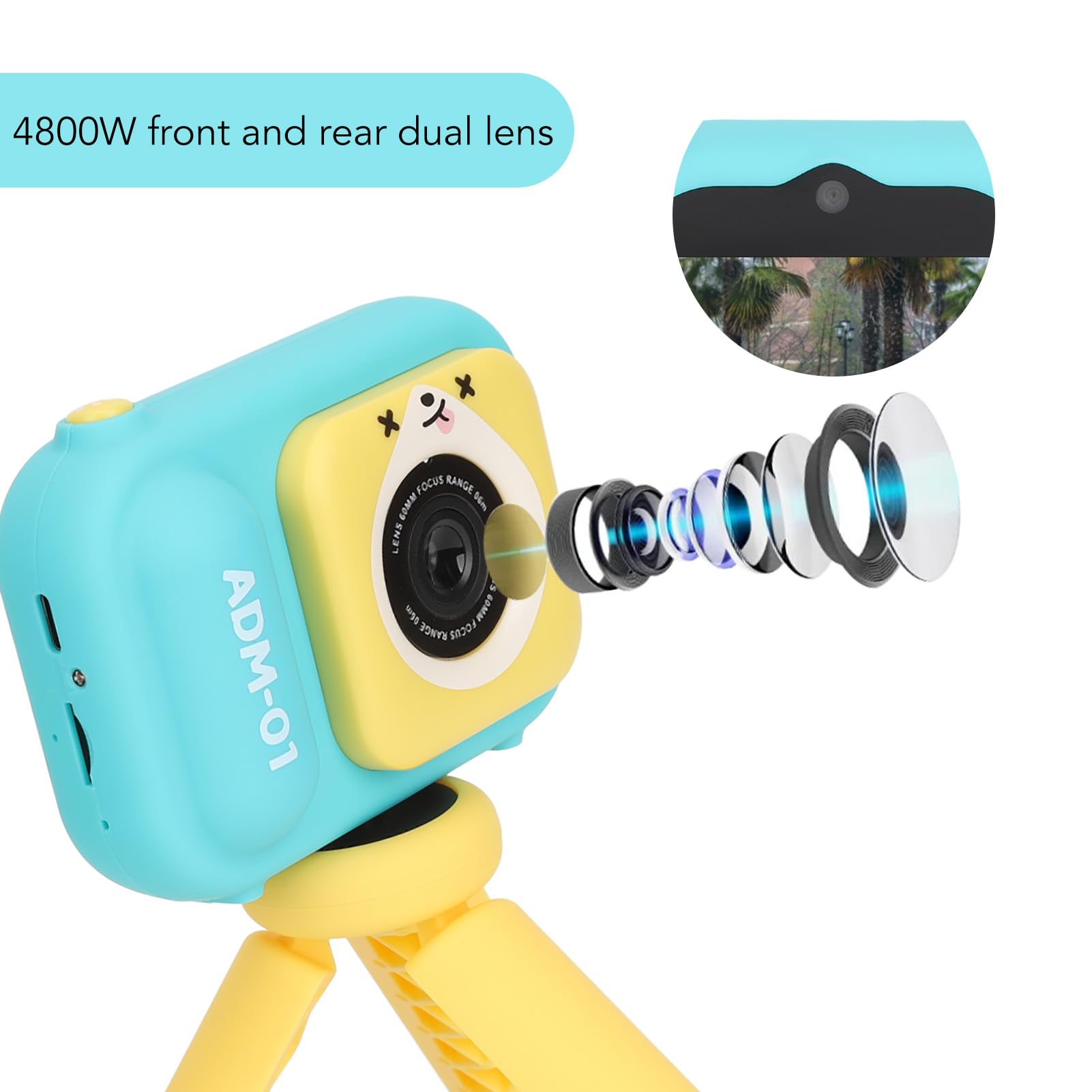 Niebieska Kamera dla Dzieci 48 MP z Podwójnym Obiektywem, 2,4-calowy Ekran IPS, Akumulator 600 MAh ze Statywem, Kamera Wideo do Selfie dla Dzieci w Wieku od 3 do 12 Lat