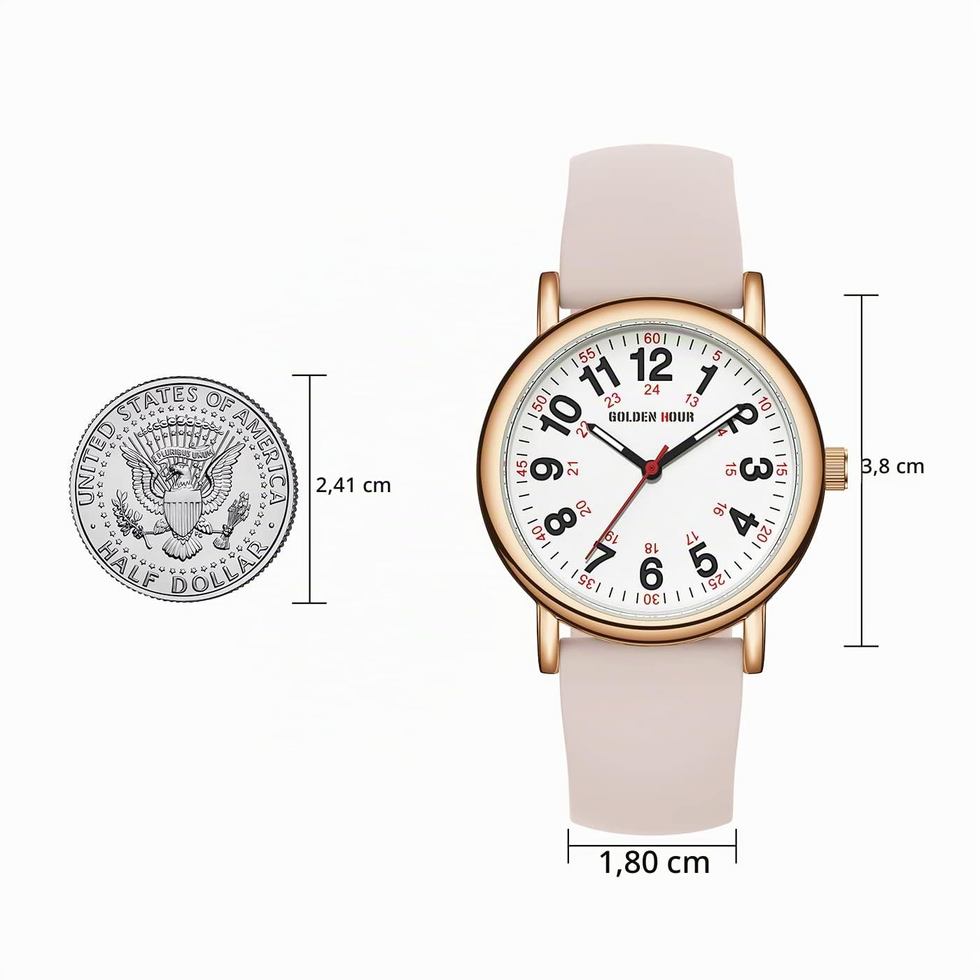 GOLDEN HOUR Reloj de Enfermera Impermeable para Profesionales Médicos, Estudiantes, Mujeres y Hombres, Esfera Luminouse Fácil de Leer, 24 Horas con Segunda Mano, Correa de Silicona