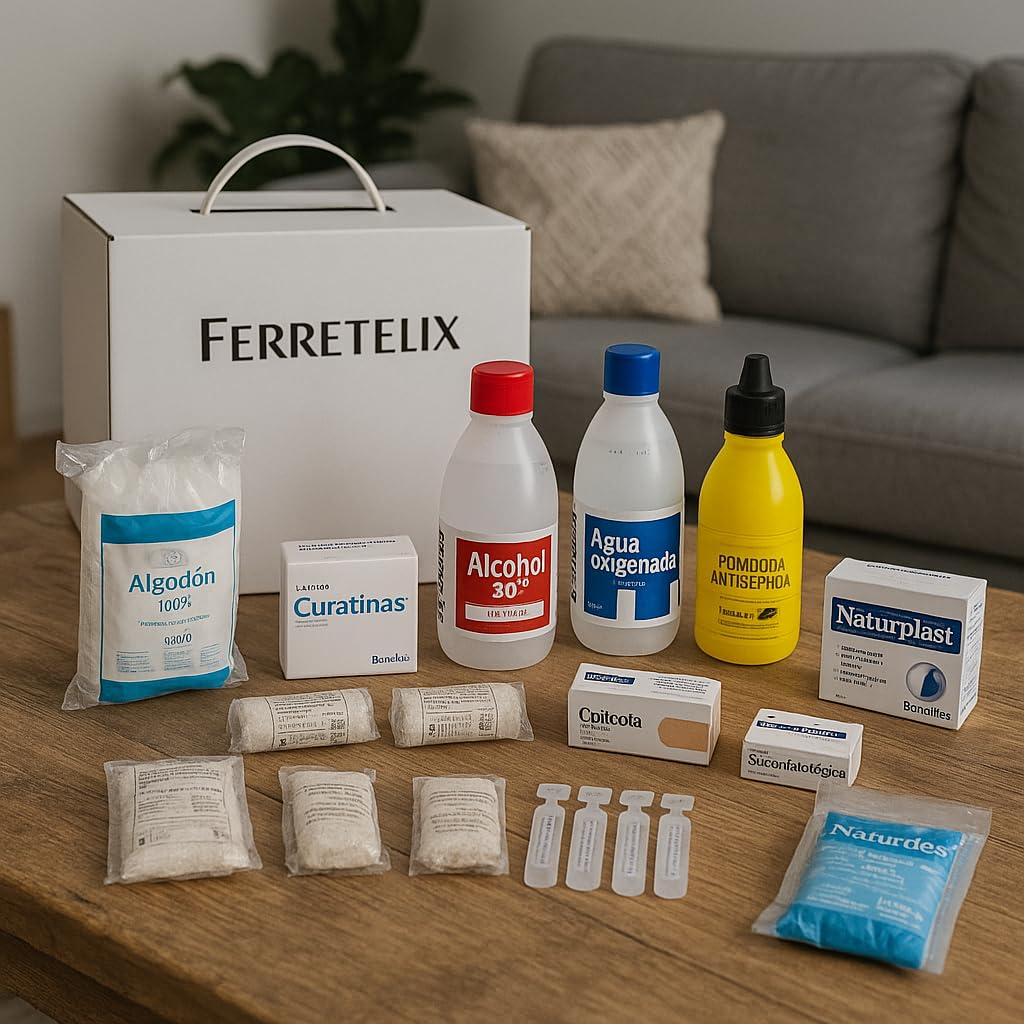 Ferretelix®, Kit reposicion Armario/maletin botiquin primeros auxilios con productos homologados cumpliendo la normativa CE Fabricado en España