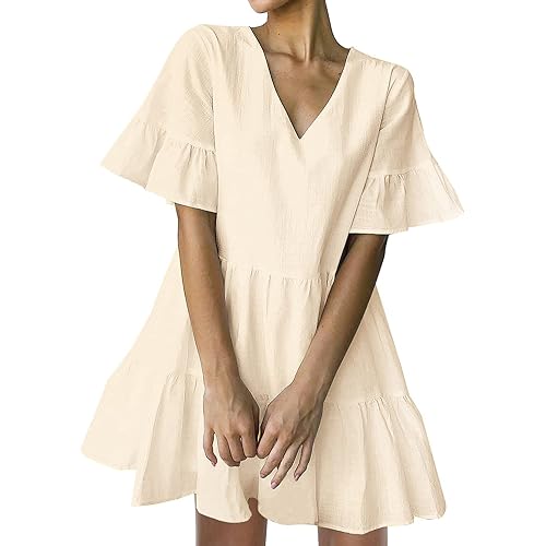 FANCYINN Women’s Cute Shift Dress with Pockets Bell Sleeve Ruffle Hem V Neck Loose Swing Tunic Mini Dress