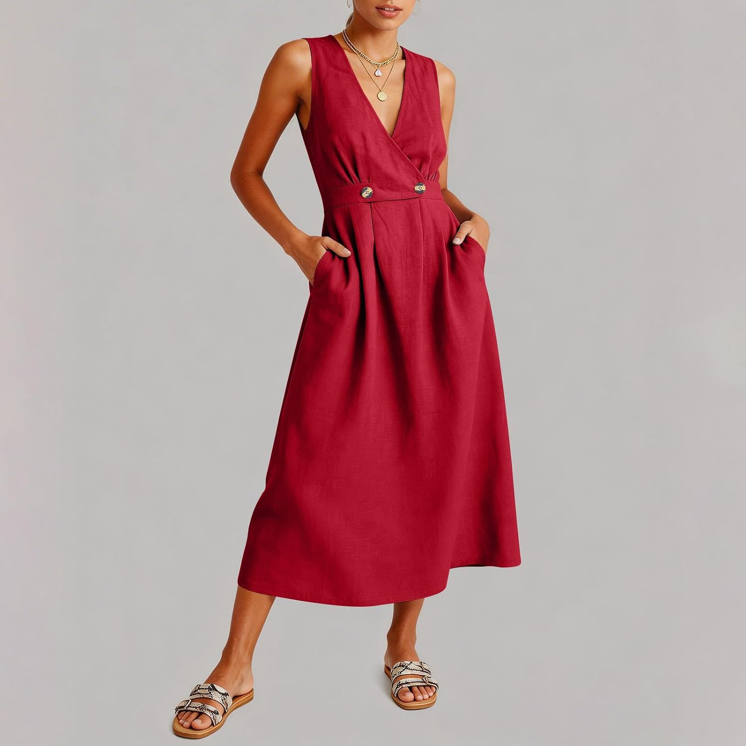 Linen Dress for Women Business Casual Sleeveless V Neck A Line Tank Sundress Summer Vacation Cotton Gauze Dress