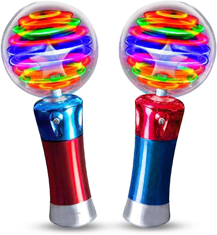 7.5 Inch Light Up Magic Ball Toy Wands for Kids, Set of 2, Flashing LED Wands for Boys and Girls, Thrilling Spinning Light Show, Batteries Included, Fun Gift or Birthday Party Favor