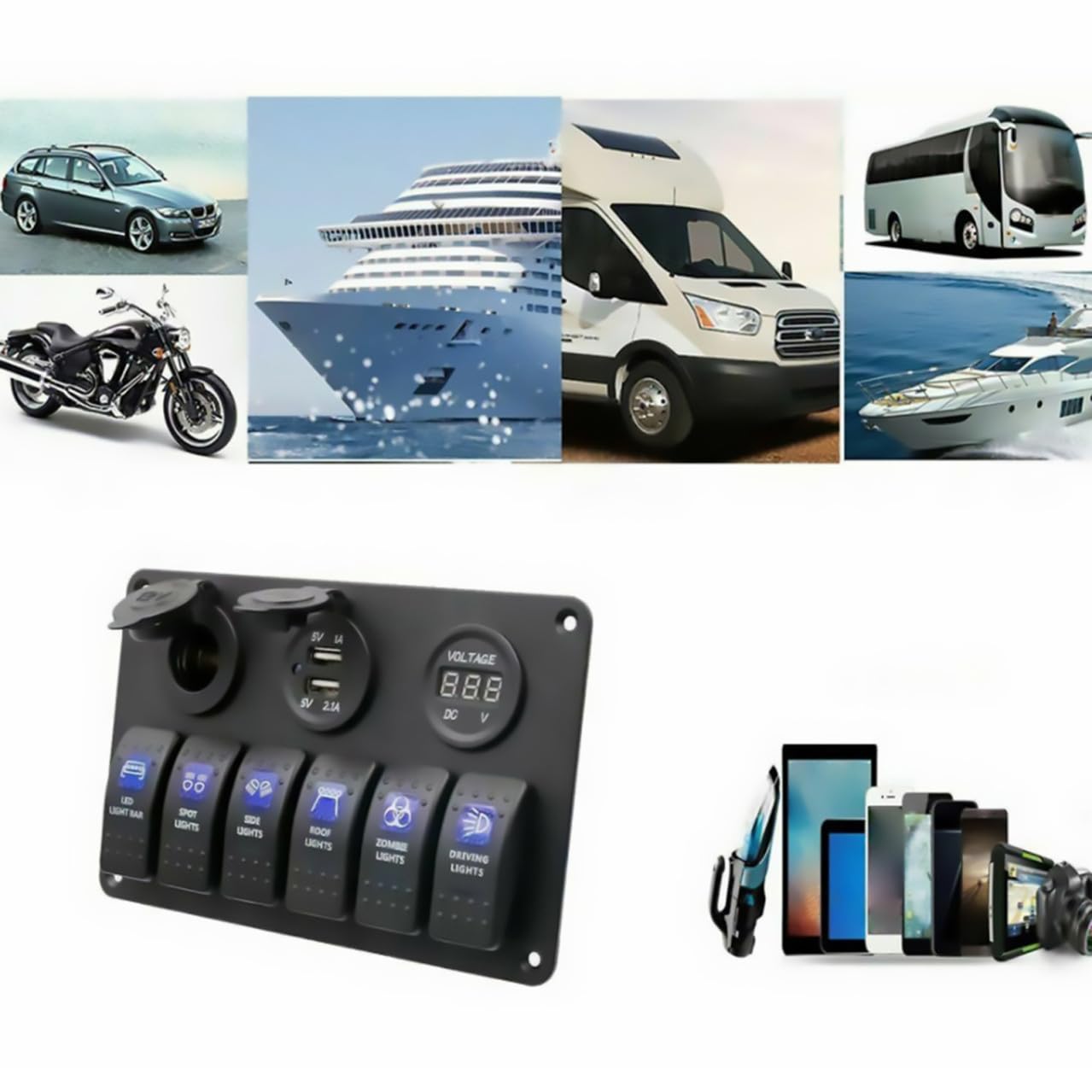 Vaguelly Pannello Interruttori Combinato Vie con Doppia Porta USB e Voltmeter LED per Barche Veicoli e Camper Materiale Resistente e Facile da Installare