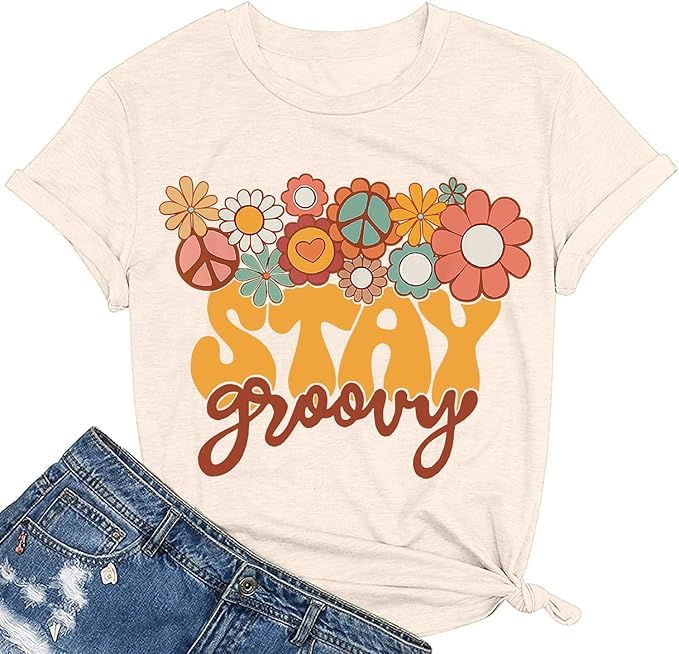 Retro Stay Groovy Shirt Women Floral Graphic Tee Hippie Vintage 70s Disco Peace Casual Short Sleeve Top