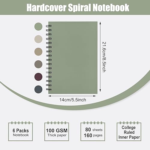 Miniatura 2 de EOOUT 6 cuadernos en espiral de 5.5 x 8.5 pulgadas de tapa dura con rayas universitarias, tamaño A5, 160 páginas, varios colores de tono Morandi