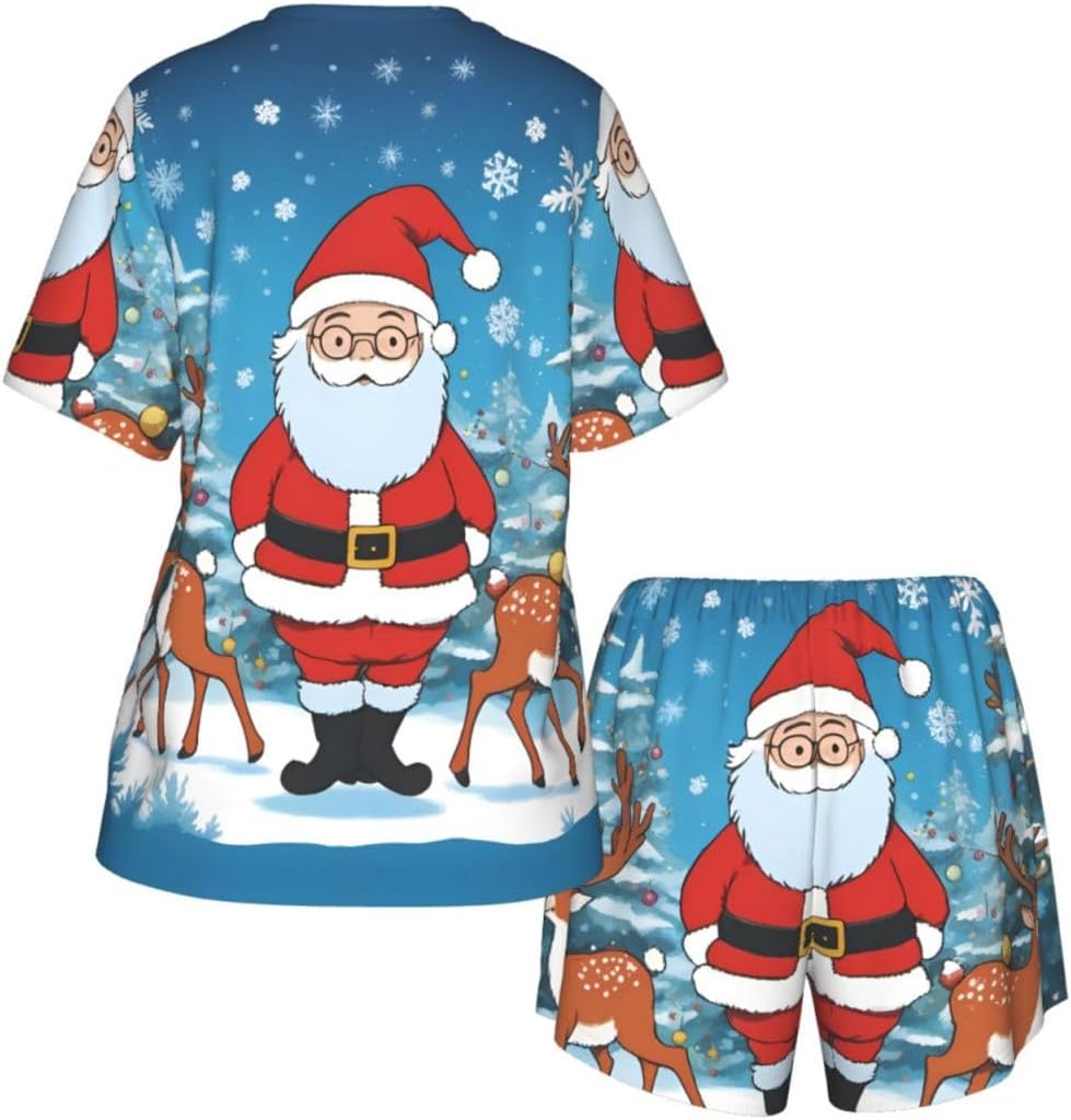 Cute Christmas deer Women's All Over Print Short Sleeve Pajama Set Soft Stretchy Loungewear With Side Pockets