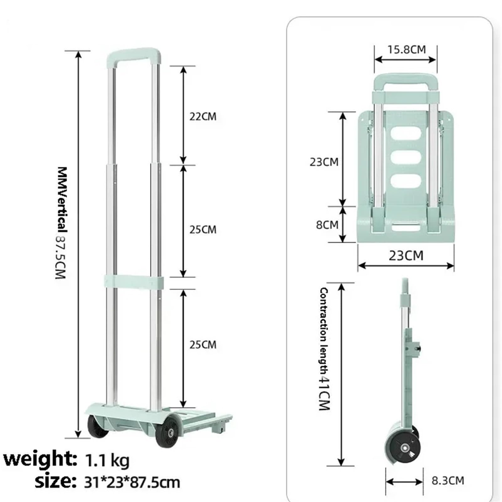 Zusammenklappbarer tragbarer Einkaufswagen for die Expresslieferung, Kleiner Ziehwagen, Handwagen Bewegen des Abschleppwagens(Green)