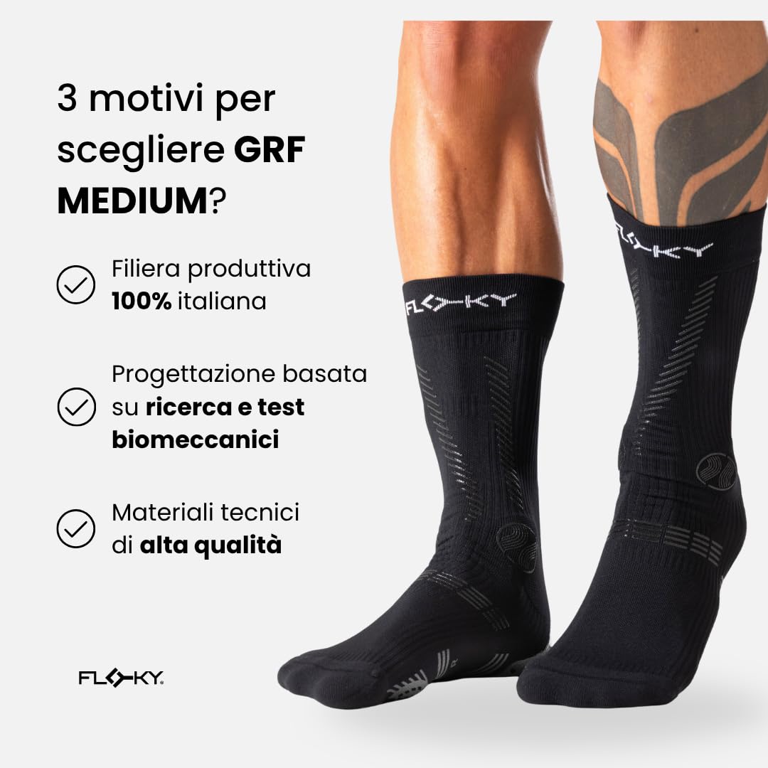 FLOKY GRF MEDIUM Biomechanische Kompressionsstrümpfe für Sport mit hohem Aufprall für Basketball, Volley, Crossfit, Hydrox, Schutz der Achillessehne und Muskeln, maximale Vibrationsreduzierung.