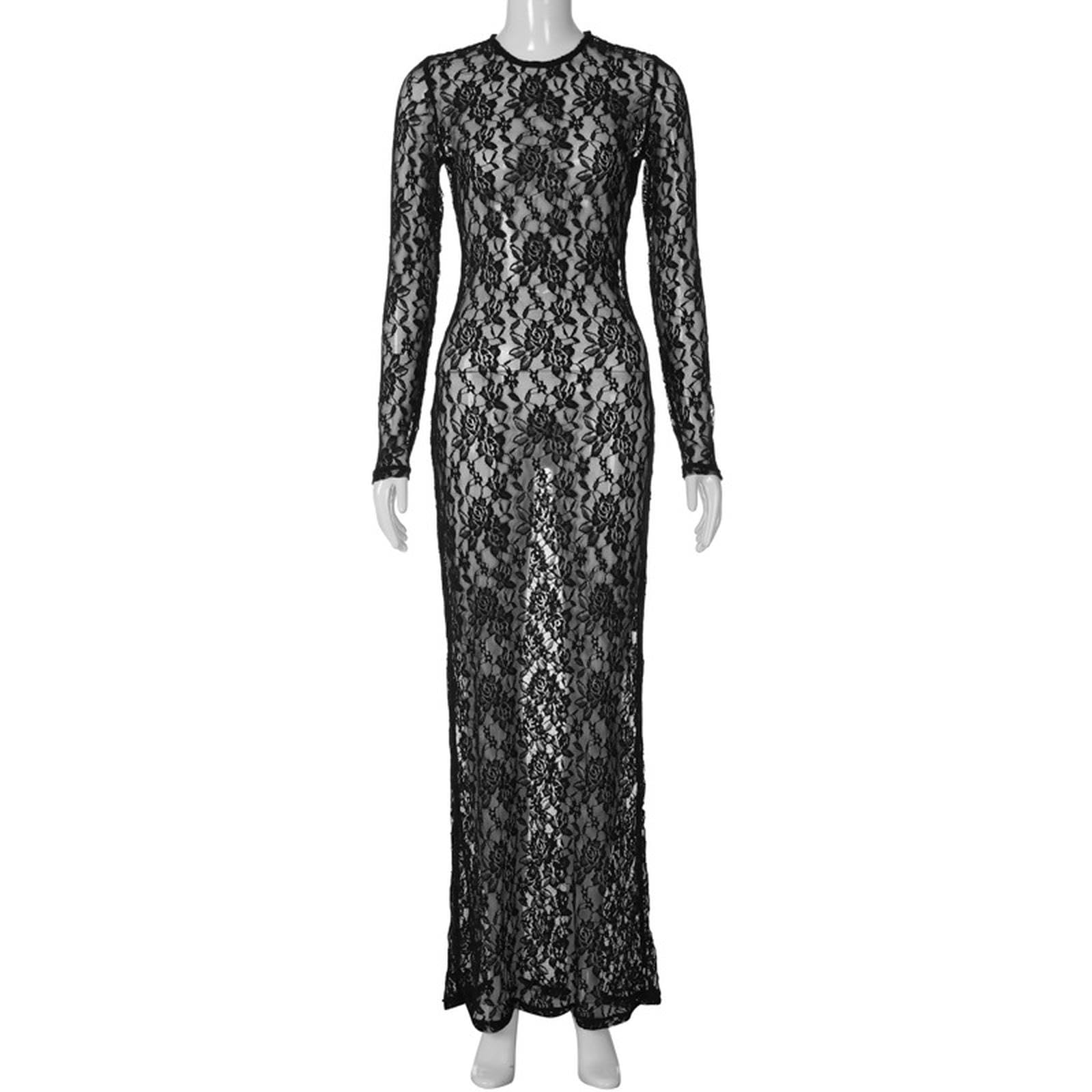 Vestito Donna Abito Lungo Aderente Trasparente con Motivo in Pizzo Svasato Primavera Estate da Donna-Nero-s