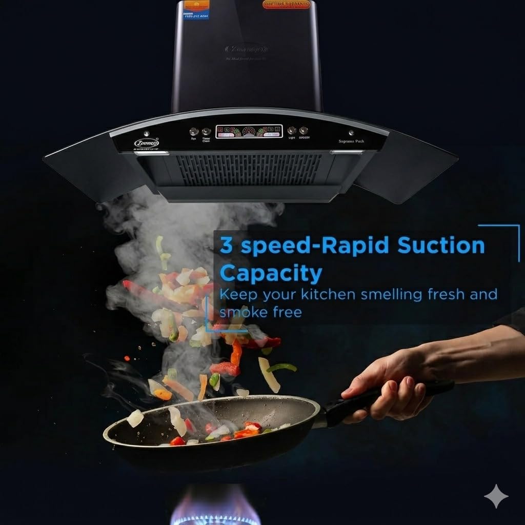 Zeomax| Supremo Push Kitchen Chimney, 90 cm, Black, Digital