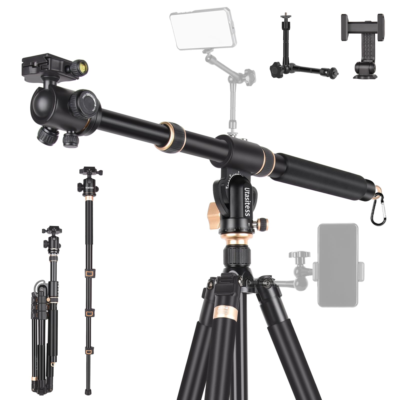 Utasitess 86.6 inch Camera Tripod Monopod with Center Column and Ball Head Aluminum, Arca Type QR Plate,Horizontal Overhead Shooting Tripod for DSLR Camera Video Camcorder, Heavy Duty Max Load: 27lb