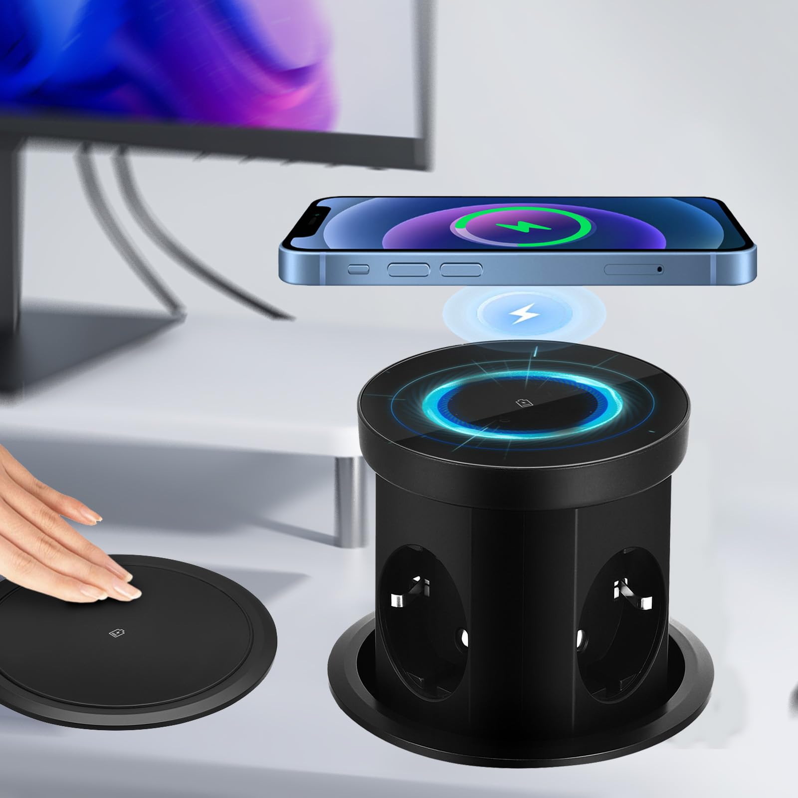 Enchufe retráctil con carga inalámbrica de 15 W, 3 enchufes y 2 puertos USB, enchufe de mesa retráctil para cocina negro, D 110 mm enchufe retráctil encimera cocina