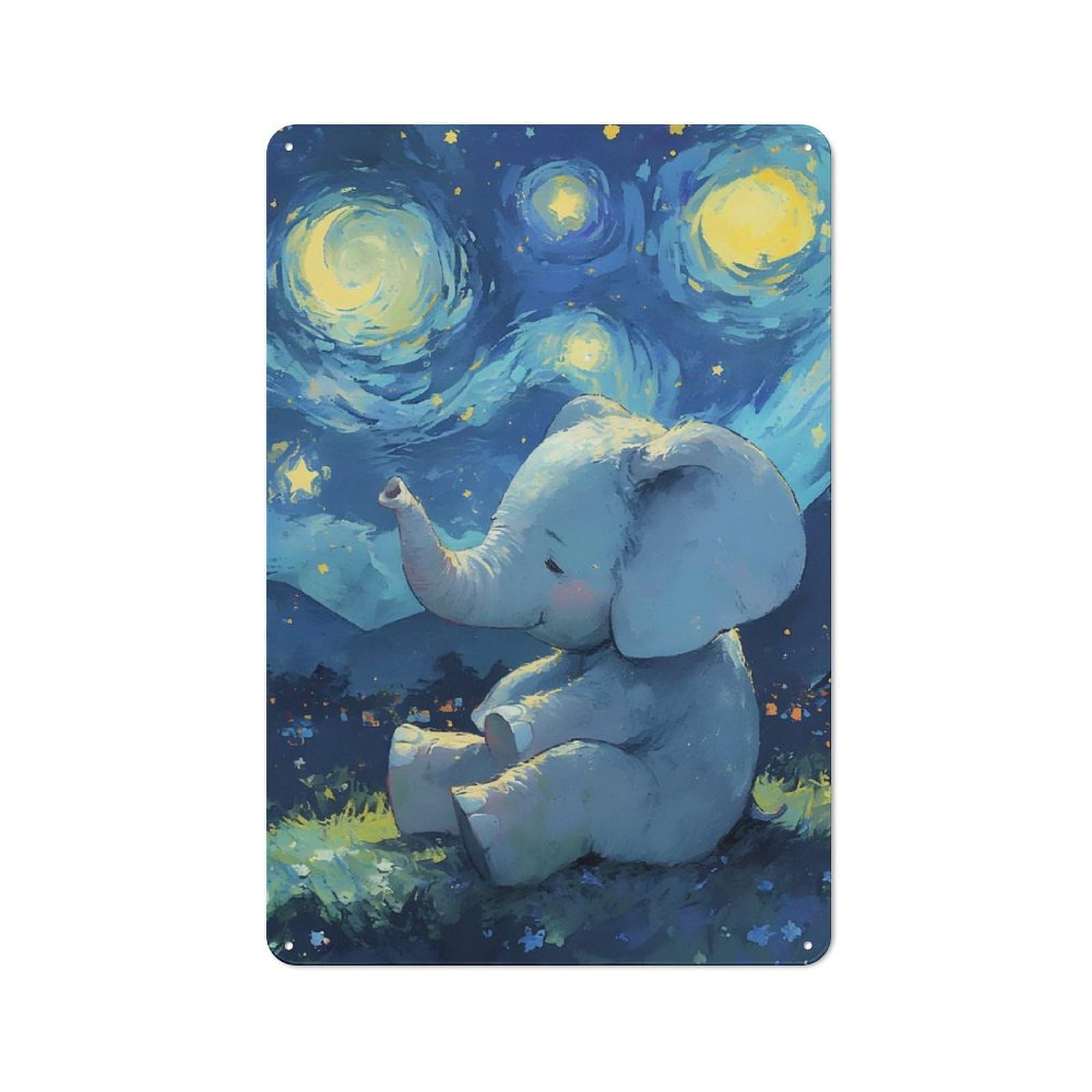 Junmoney Elephant Under Starry Night Sky Tin Wall Plaque 30X20cm With For Workshop Wall, Suited To Makers And Diy Enthusiasts