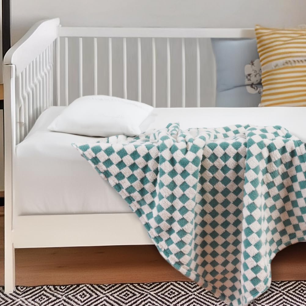 Manta de bebé a cuadros neutral, ultrasuave, mullida, de 76 x 101 cm, acogedora, con cuadrícula de tablero de ajedrez 3D, cálida, cómoda, reversible, para niños pequeños o recién nacidos (verde y