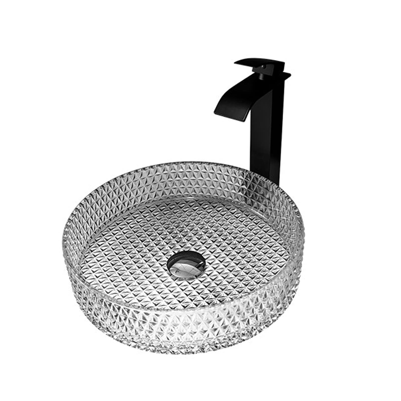Gljtuo Yellow Countertop Basin Sink, Tempered Glass Bathroom Vessel Sink With Waterfall Faucet Round Bowl Vanity Sinks With Chrome Pop Up Drain,D