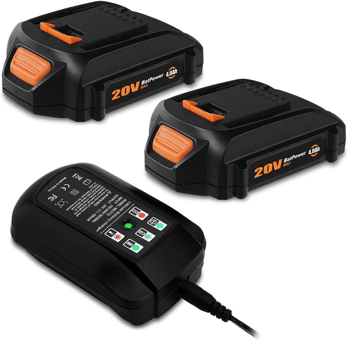 BatPower 2-Pack 4.0Ah 20V Battery & Charger Combo Compatible with Worx 20 Volt Lithium-Ion Cordless Tools, High Performance Compact Replacement Battery Pack and Charger for 20V Tools (3-Piece Set)