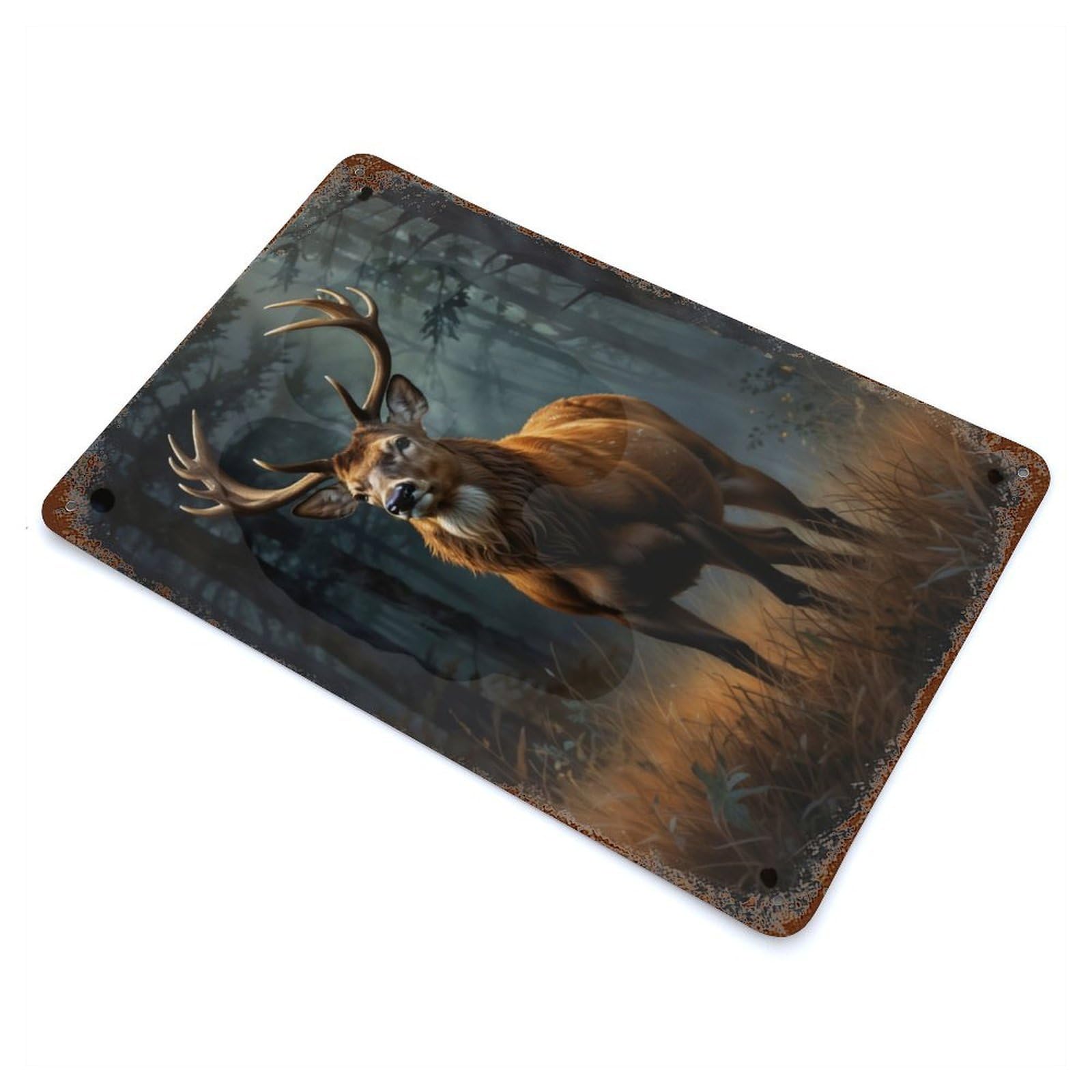 Distressed Metal Wall Sign Majestic Deer in Forest 11.8"x7.9", Vintage Wall Decor for Garage, Bar And Workshop Decor