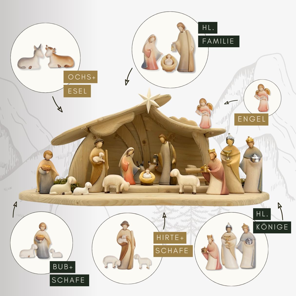Akantus Krippe Leonardo Krippenfiguren: Heilige Familie bemalt (13 cm)