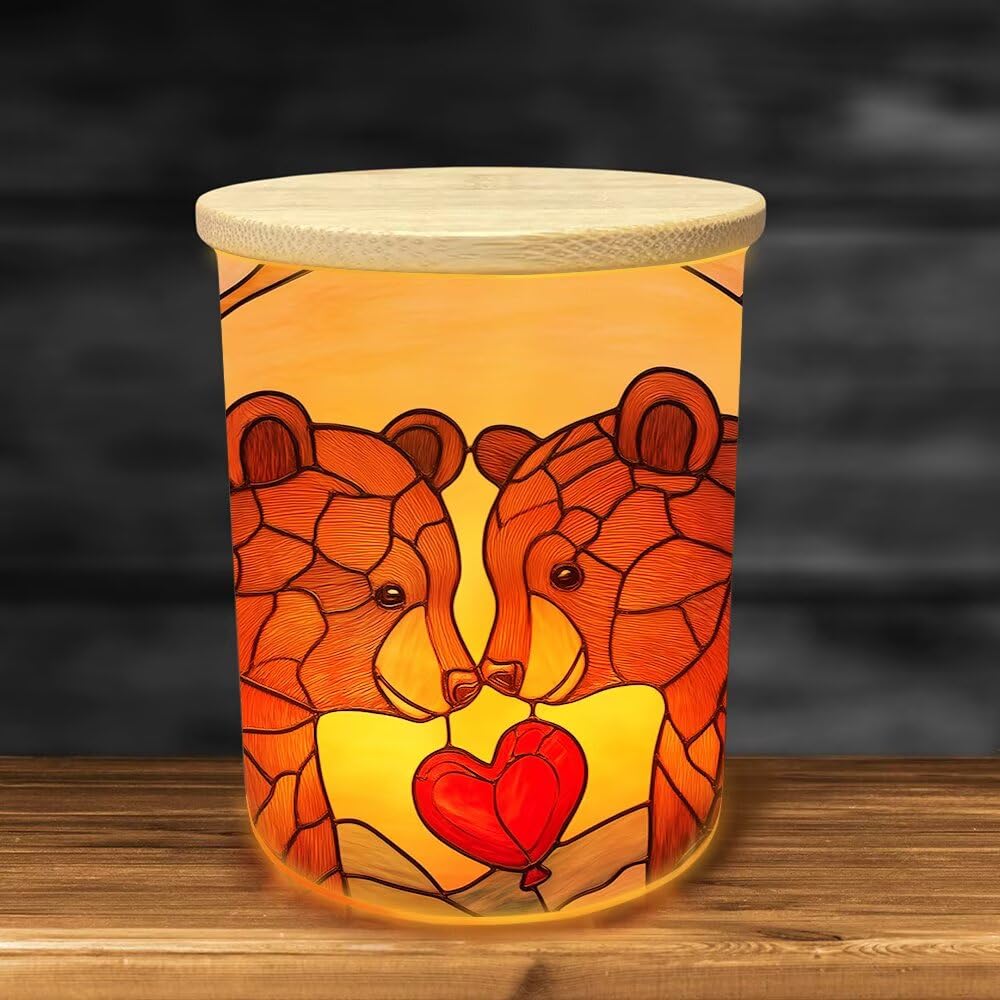 Valentine's Day Stained Glass Farmhouse Bears Tea Light Candle Holder, Heart Balloons LED Tealight Glass Candleholder, Romantic Floral Votive Candle Holder Cup for Table Weddings Party Decor