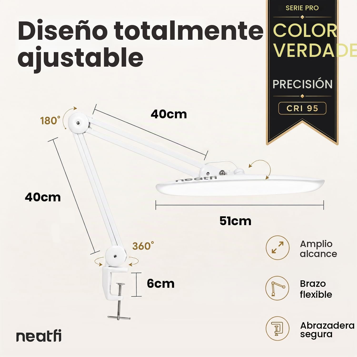 Neatfi Pro Series Lámpara LED de Escritorio – Precisión de Color Real (CRI 95) | 2.200 lúmenes | Modos CCT ajustables | Cabezal Ancho de 51 CM | Regulable con brazo ajustable y abrazadera (Blanco)