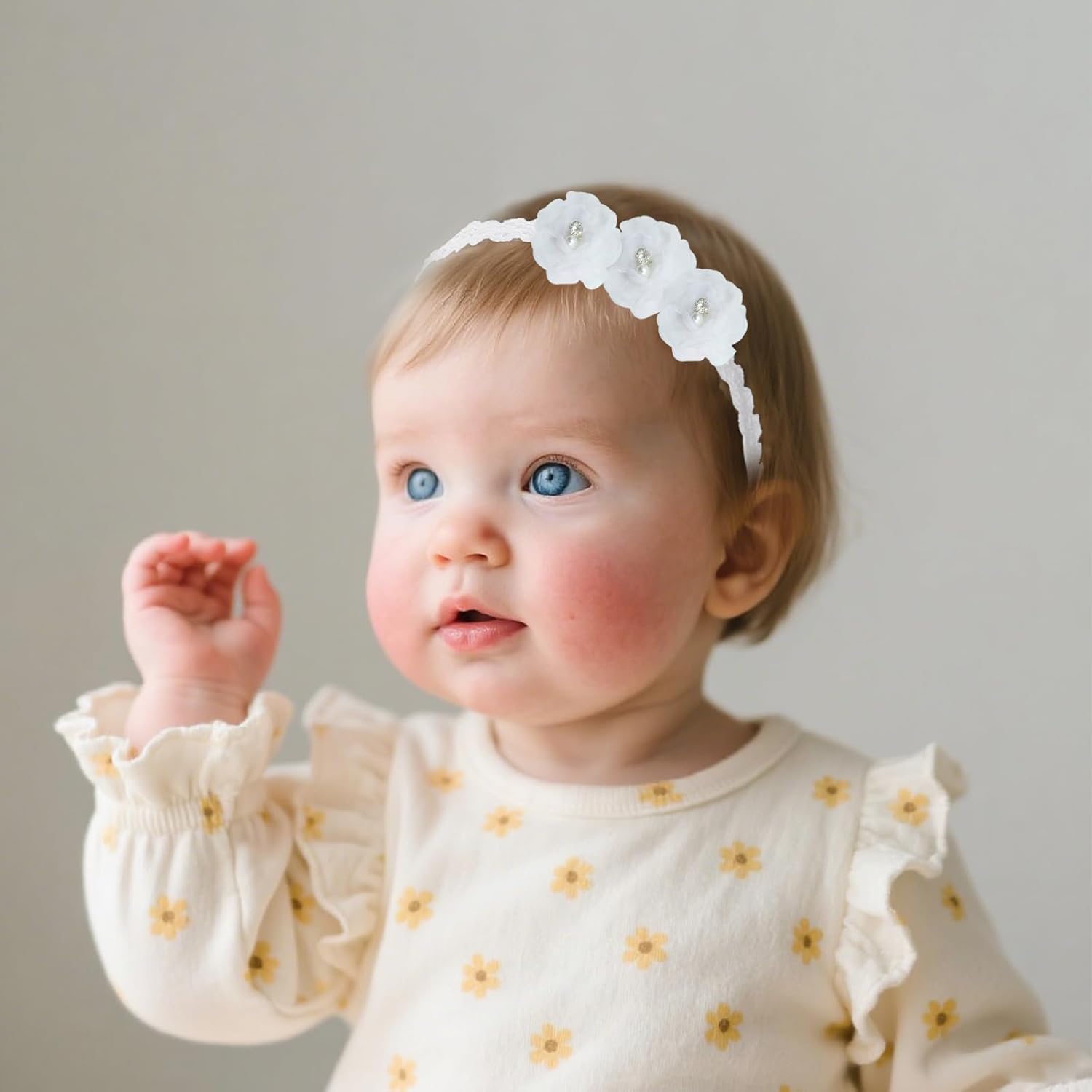 Baby Girl Hairbands Lace Handmade Stretchy Soft Flower Hairband Toddler Headbands with Pearls Hairbands for Infant Newborn Head Band (White Flowers, Elastic) - Image 3
