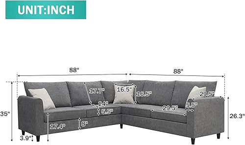 Miniatura 2 de i-POOK Sofá modular en forma de L, moderno sofá tapizado con respaldo acolchado y 3 almohadas, sofá seccional para sala de estar, dormitorio,