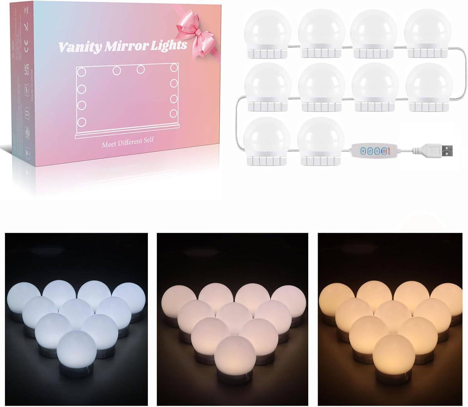 Vanity Lights Stick On with Adapter, Hollywood Mirror Lights with Adjustable Cable, 3 Colors & 10 Brightness, Dimmable LED Bulbs for Dressing Table (10 Bulbs)