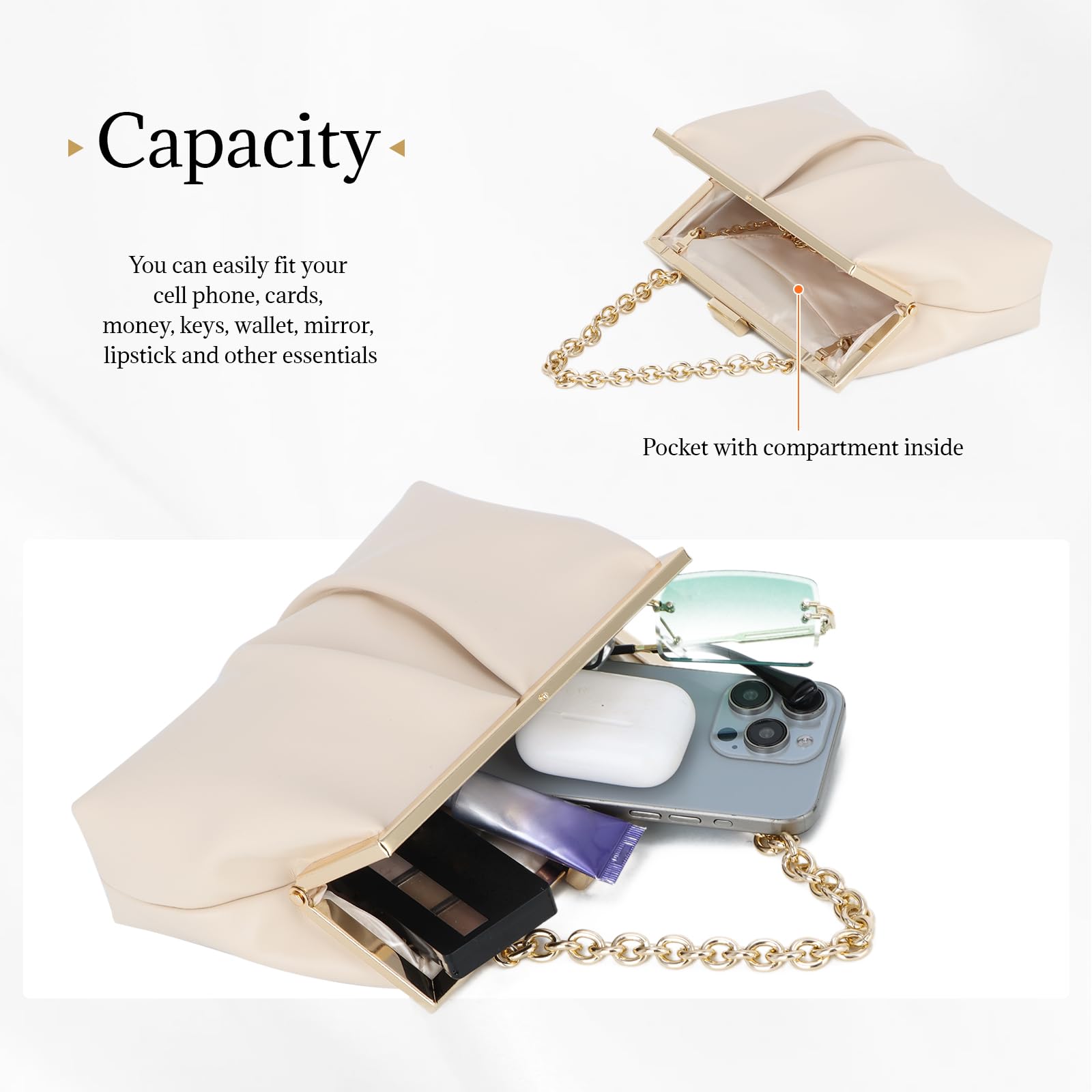 Borsa da sera increspata da donna, pochette plissettata per matrimoni, feste formali