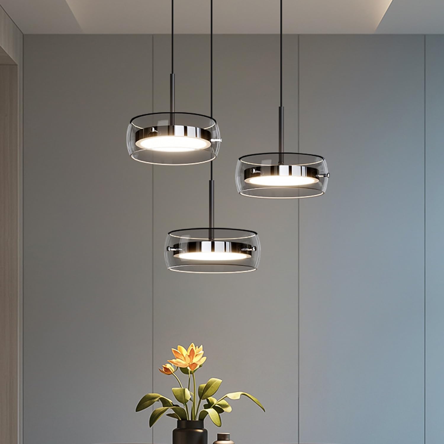 Aleaty Modern Ceiling Lighting Living Room Lamp with Crystal Glass Pendant Lamp Dining Table Ceiling Lighting Height Adjustable with Remote Control Pendant Lights for Kitchen Island (B 3 Heads)