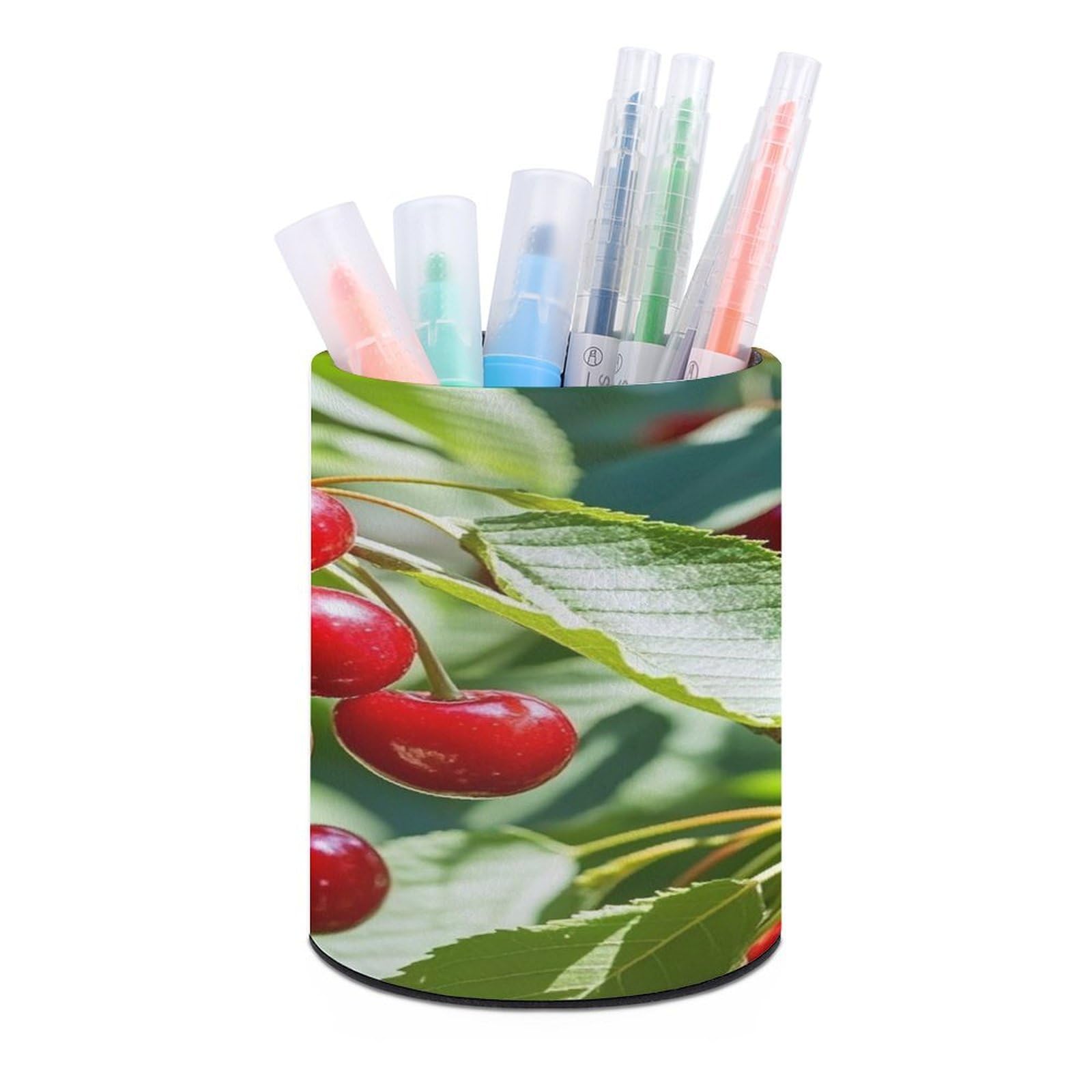FekiLoot Round Cherry Pen Holder for Desk PU Leather Waterproof Pencil Cup Stand Minimalist Makeup Brush Storage Organizer Desktop Stationery Container Accessorires