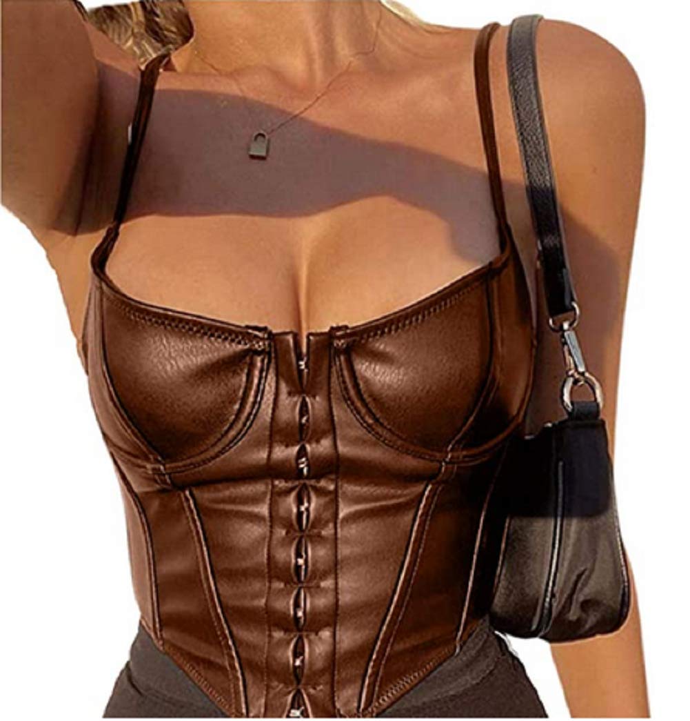 Y2K Women's Laced Crop Top Corset, PU Leather, Spaghetti Straps, Overbust Waist Tank Top and Camis Shirt Backless Streetwear - Brown - S