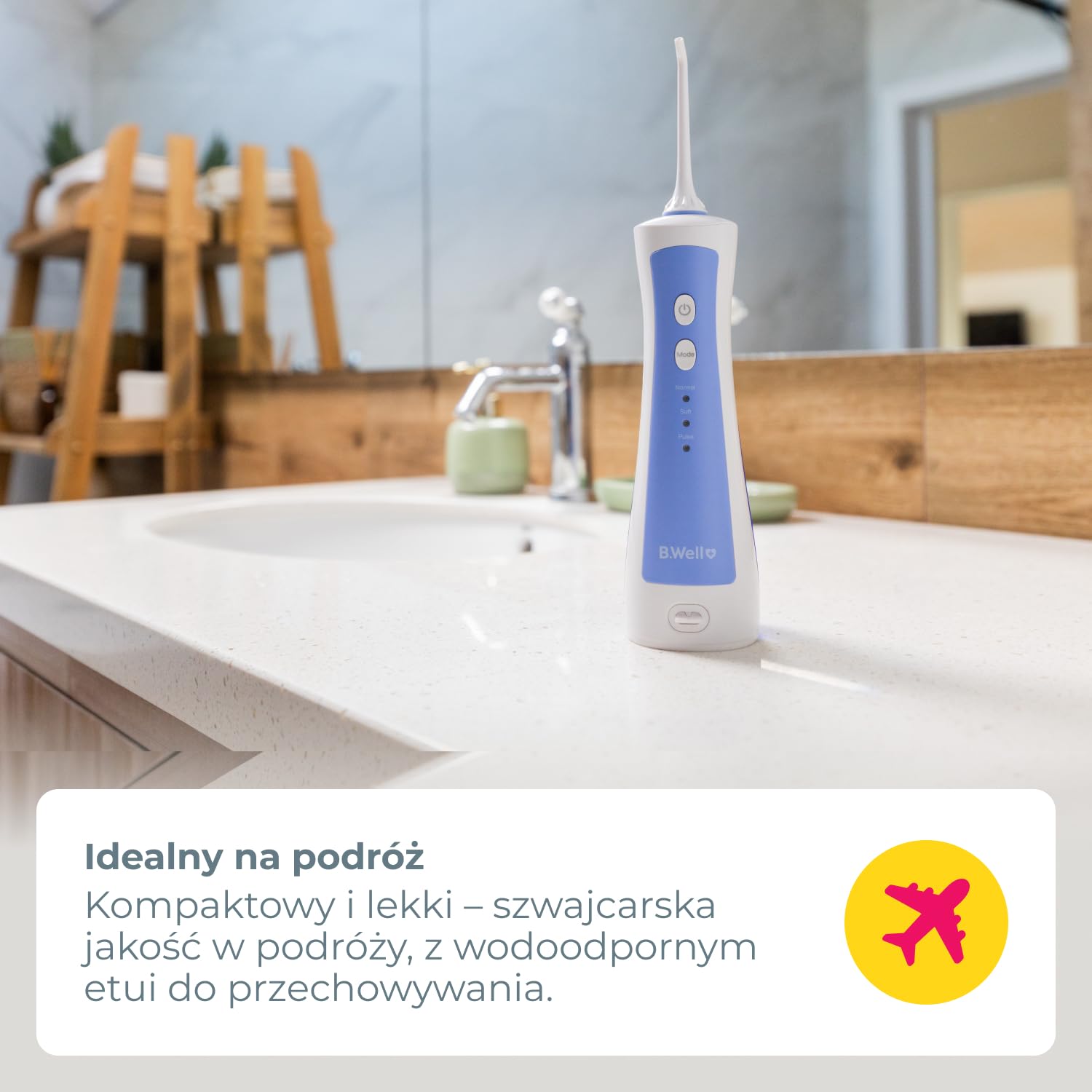 B.Well Swiss PRO-911 - Irrigador bucal portátil e inalámbrico con 3 modos, 2 boquillas de rotación de 360°, depósito de agua de 150 ml, bolsa impermeable, apagado después de 2 minutos y hasta un mes