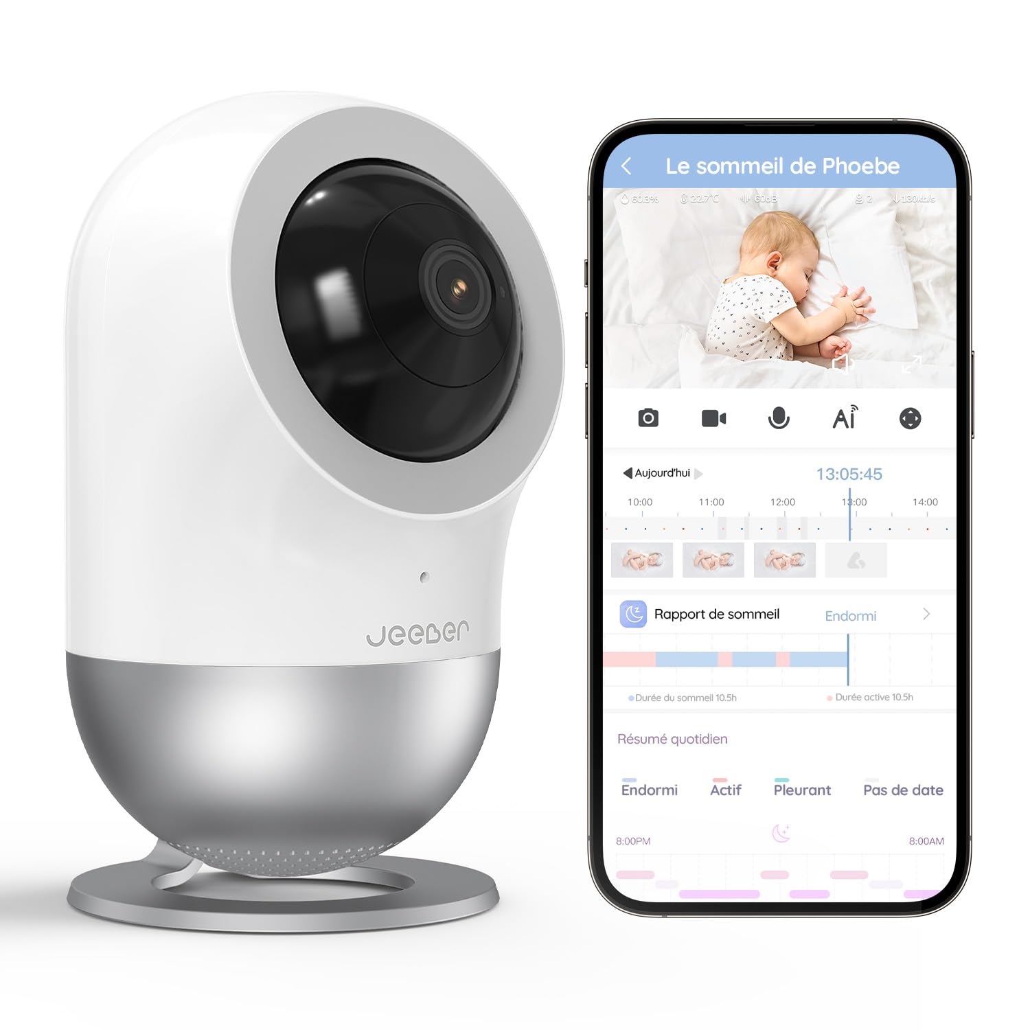 2.5K/4MP Babyphone Intelligent - Babyphone avec Caméra pour Téléphones et Montres Intelligentes, Soins Intelligents, Détection des Cris, Analyse du Sommeil par IA, Veilleuse, Berceuse (WLAN)