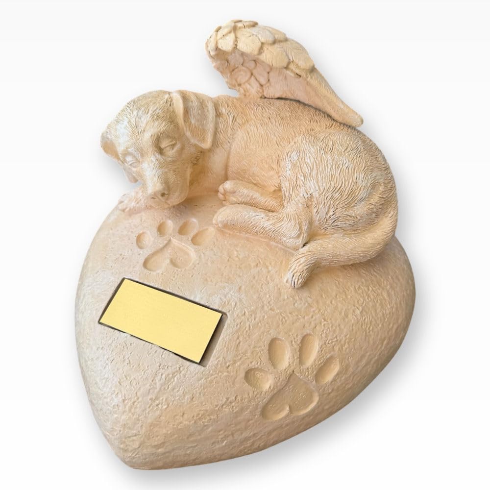 Monello Urne chien sur cœur pour chiens de taille moyenne à grande pesant jusqu'à 40 kg avec gravure personnalisée sur demande (ivoire)