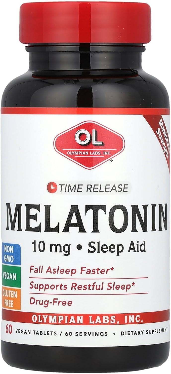 Melatonina Olympian Labs de 10 mg de liberación prolongada con vitamina B6 - Comprimidos de máxima potencia - Sin fármacos, favorece un sueño reparador, ayuda para dormir por la noche - 60 comprimidos veganos (60 raciones)