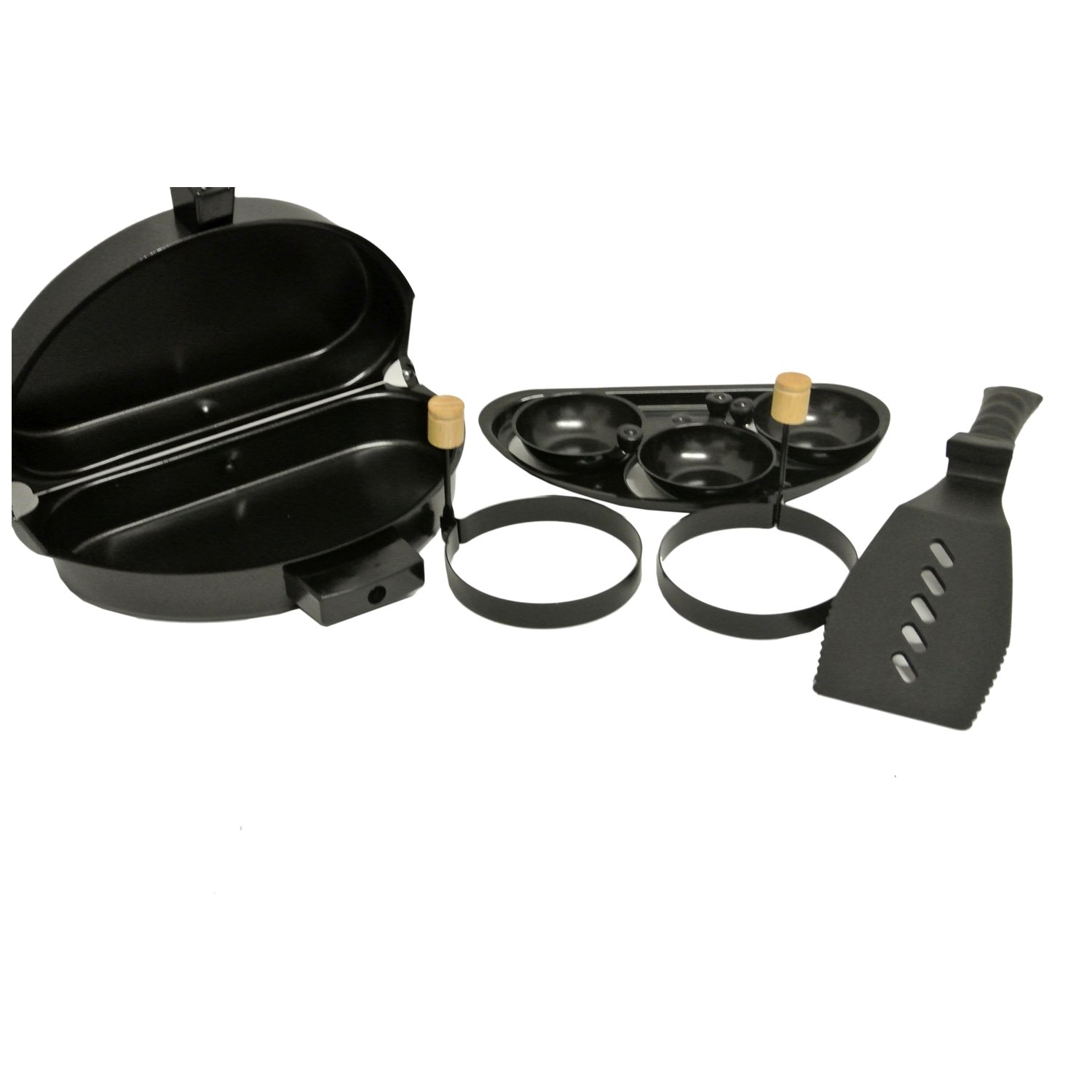 KayMetta Non Stick Omelet Pan with 3 Egg Poaching Tray Set with Nylon Turner and 2 Egg Rings