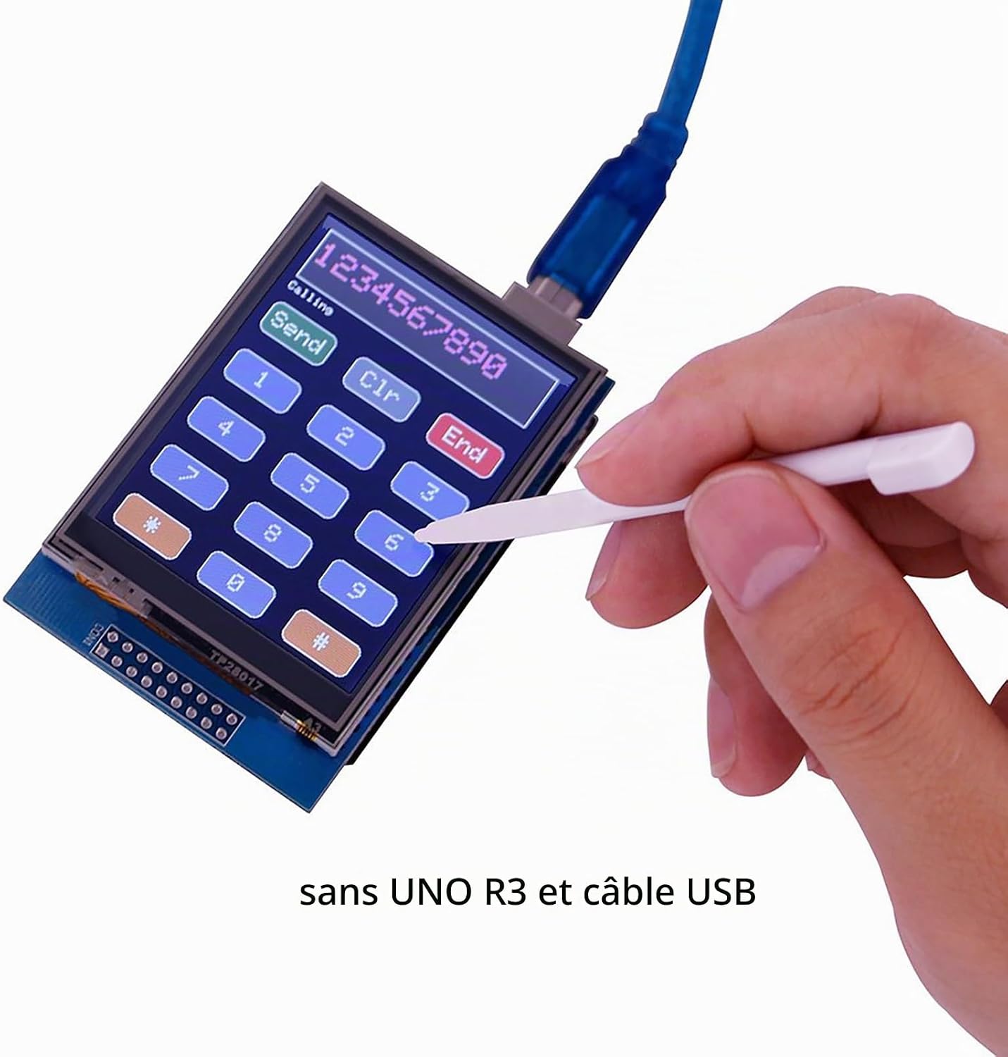 Hand using the stylus on the ELEGOO 2.8 Inch TFT Touch Screen displaying a numeric keypad