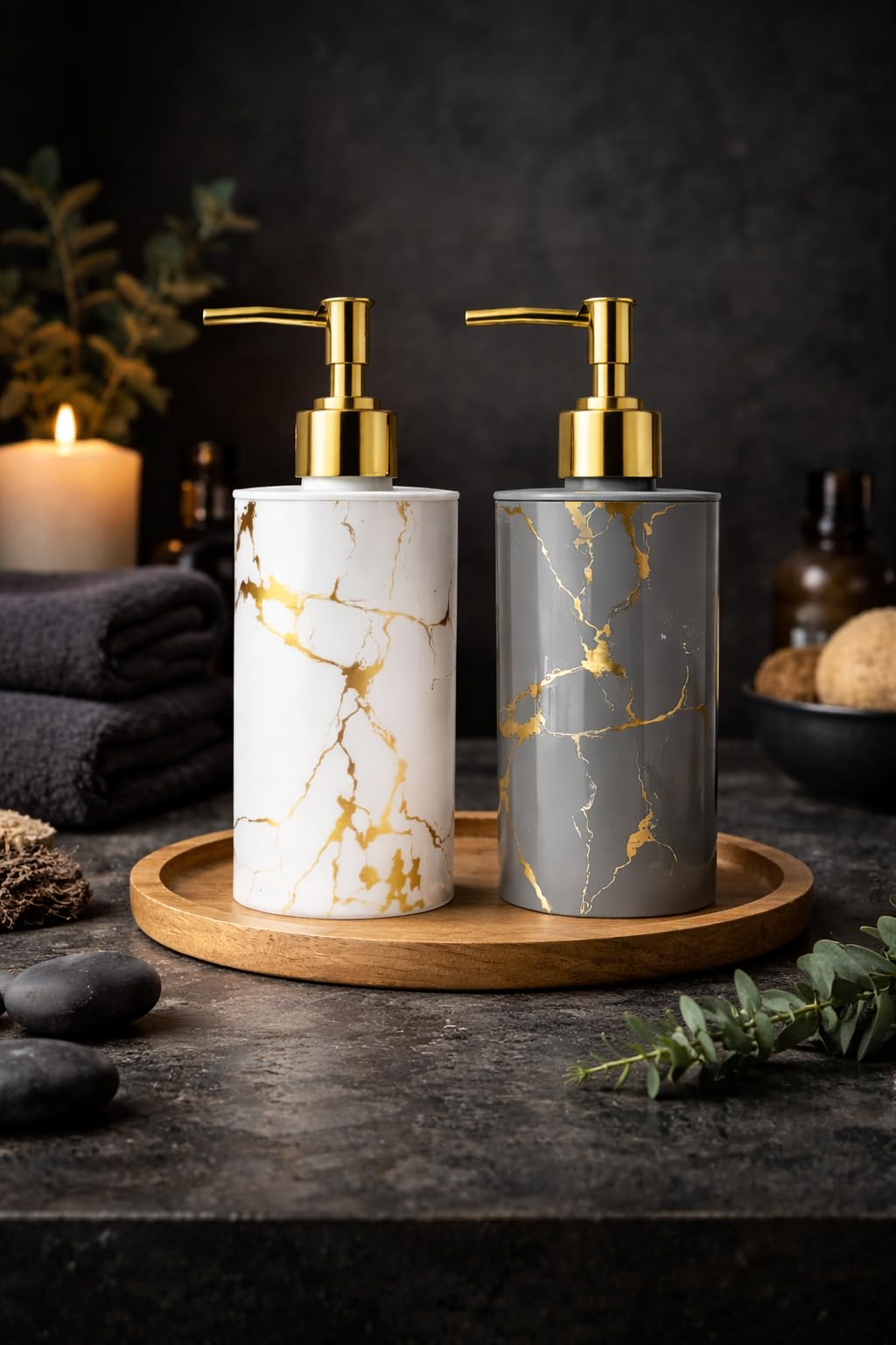 LAGET® 300ml Soap Dispenser for Wash Basin - Marble Golden Print | Kitchen and Bathroom Accessories Items | Refillable Handwash Dispenser Bottle- Set of 2 (White and Grey)-image-49