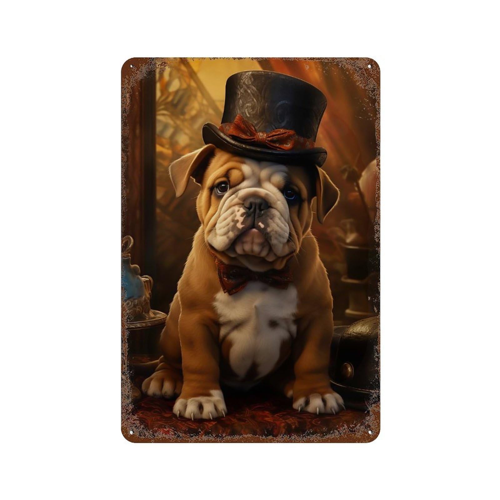 Rust Effect Bulldog Puppy in Top Hat Weathered Tin Sign 11.8"x7.9", Shabby Chic Decor for Cafe, Home Bar And Lounge Decor