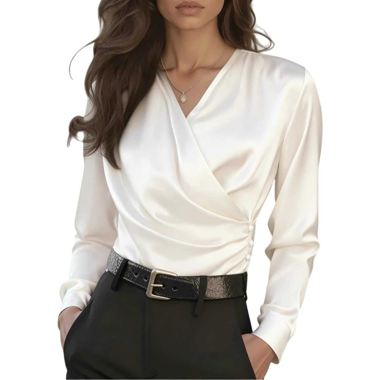 Chemise Femme,Chemisier Cache-Cœur Élégant En Satin Pour Femme, Manches Longues, Col En V, Froncé, Coupe Ajustée, Idéal Pour Le Printemps Et L'Automne, Chemise Soyeuse Pour Le Travail Et Le Bu