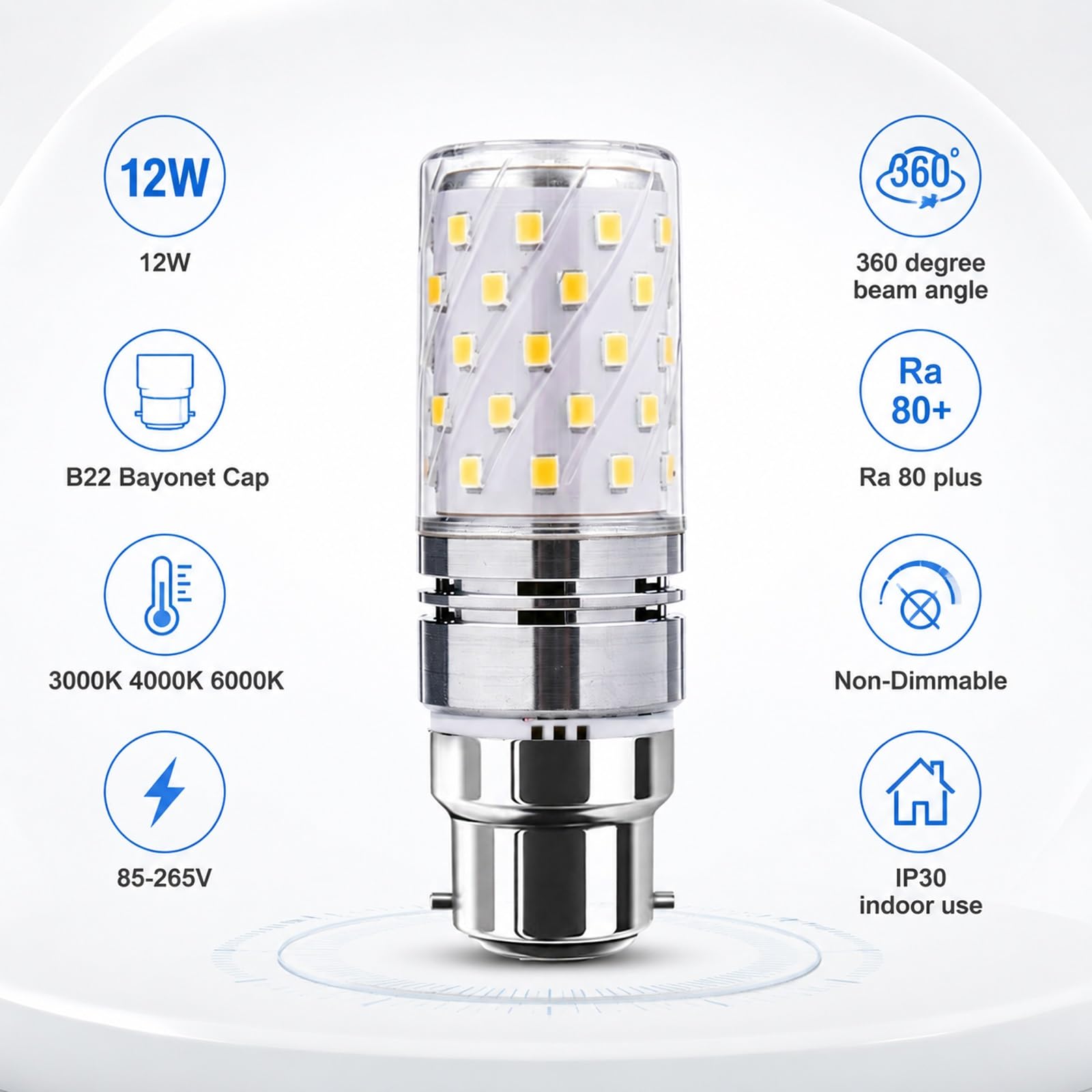 Ampoule LED Mais Culot Baïonnette B22 12W Equivalent 120W Non Dimmable Sans Scintillement IRC 80+ Economie D Energie Longue Duree Pour Chambre Salon Cuisine(Cool White 6000K,5 Pack)