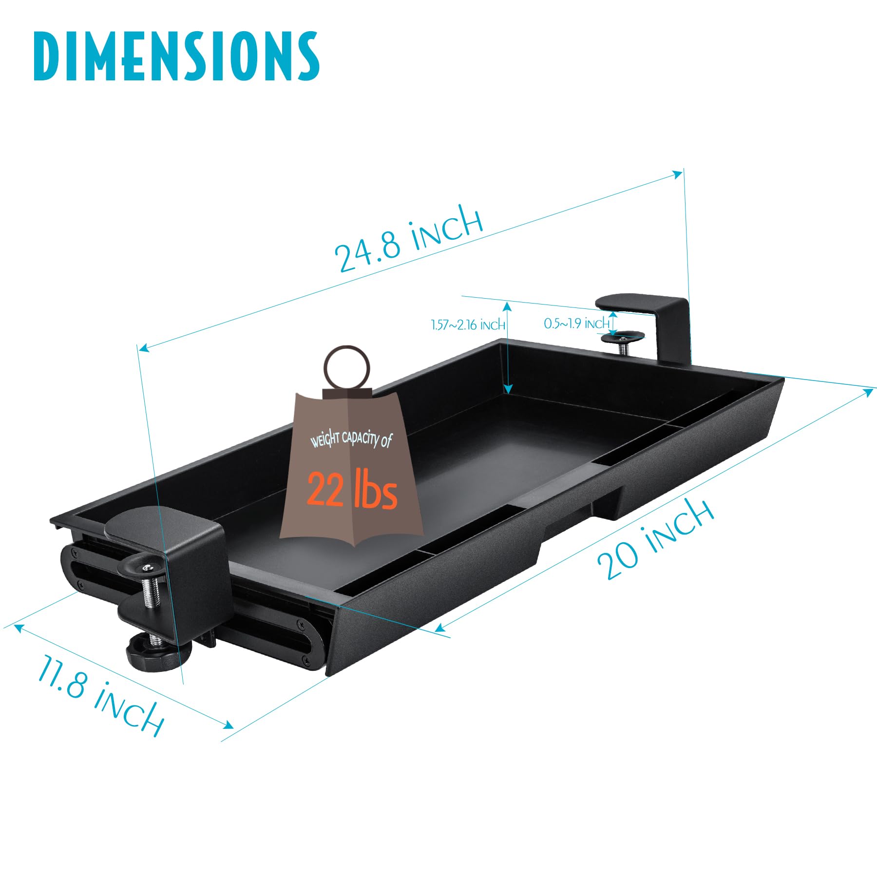 EHO Cassetto portaoggetti estraibile da mettere sotto la scrivania, grande 50,8 x 30 cm, organizer estraibile con morsetto con altezza regolabile, vassoio salvaspazio per forniture e accessori per