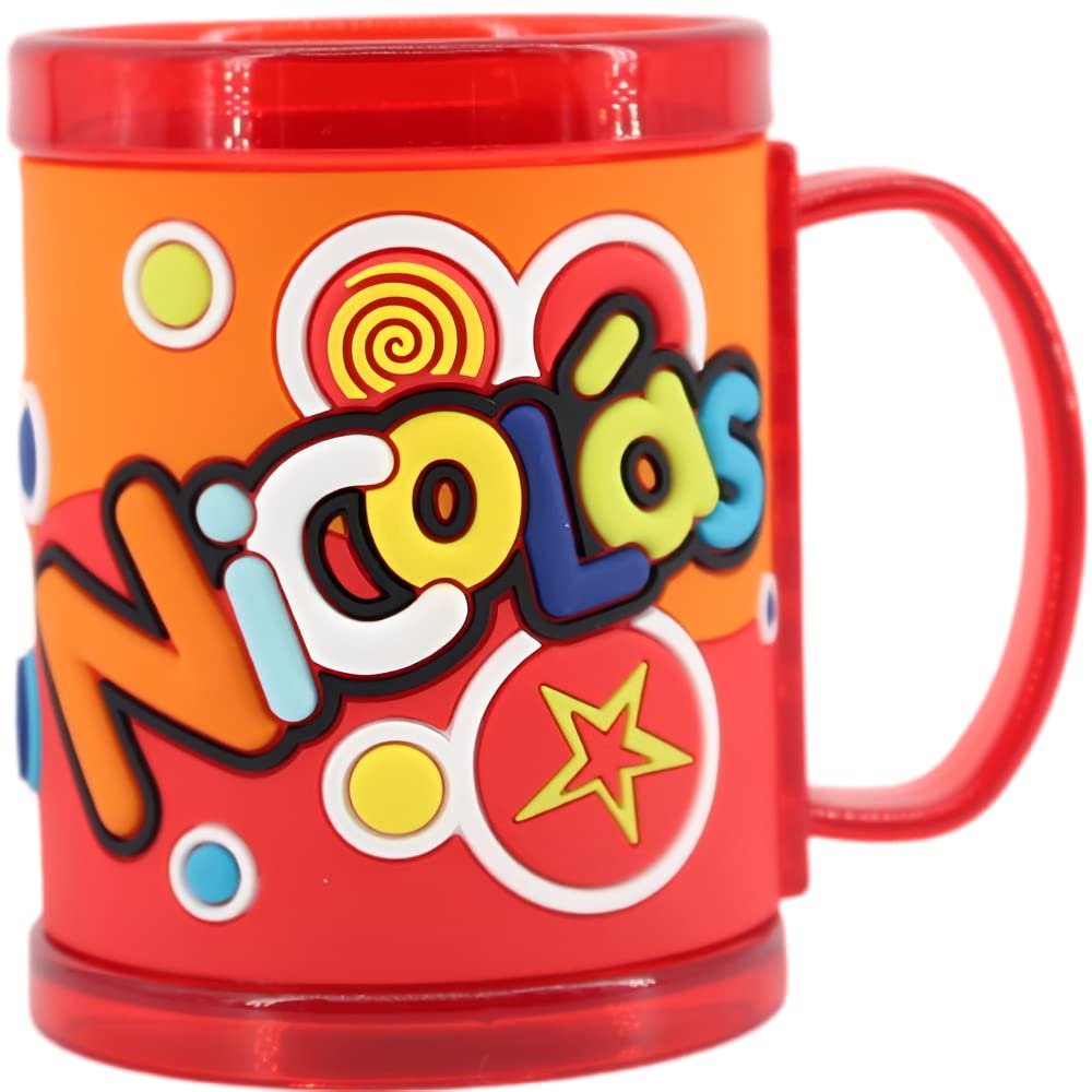 PLUS HOME Taza con nombre personalizado para niñ@,100% a prueba de fugas, sin BPA, 350 ml, para guardería, colegio, viajes y deporte (Nicolas)