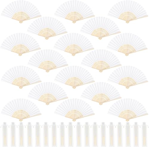 Aodaer Abanicos plegables de seda de 36 piezas con manga de tela, abanicos plegables de bambú, ventiladores de mano, ventiladores de decoración para