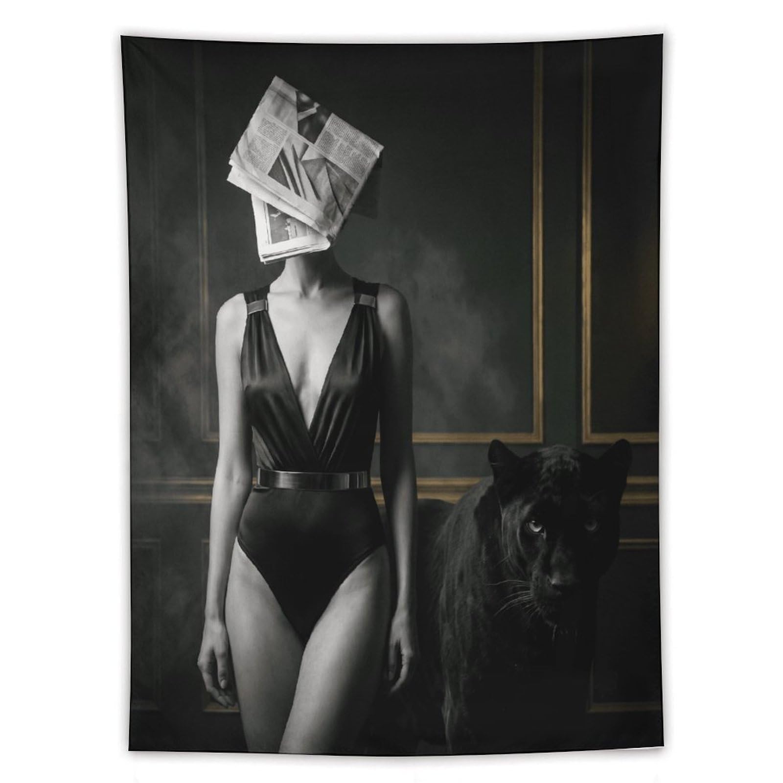 H3B8U2Y5 Newspaper Mask Woman Panther Wall Tapestry, Apartment