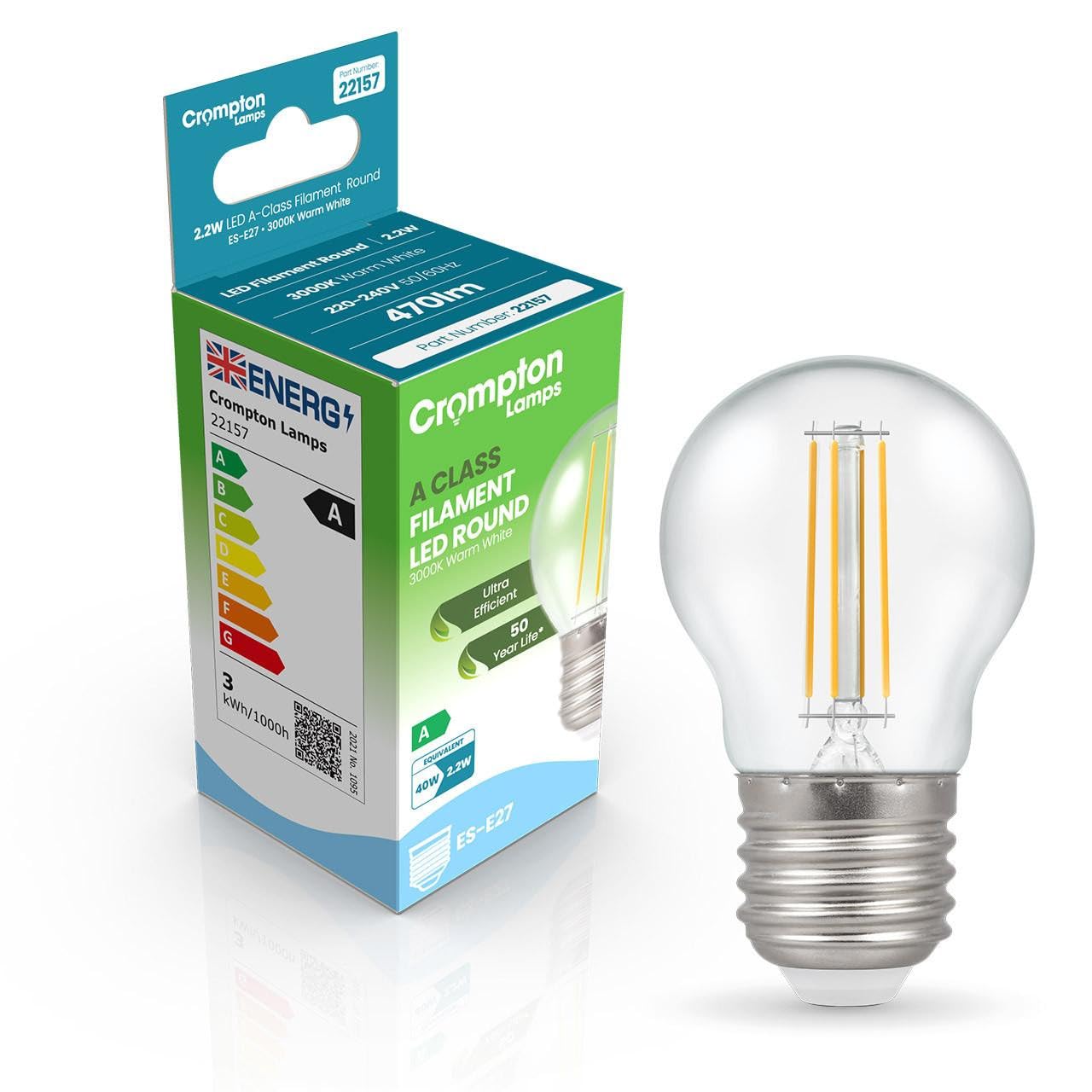 Crompton Lamps LED Ultra-Efficient Golfball 2.2W ES-E27 A-Class (40W Equivalent) 3000K Warm White Clear 470lm ES Screw E27 Round Energy Efficient Filament A-Rated Light Bulb